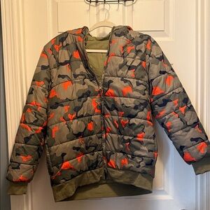 Epic Threads Camouflage Puffer Jacket with Orange Highlights